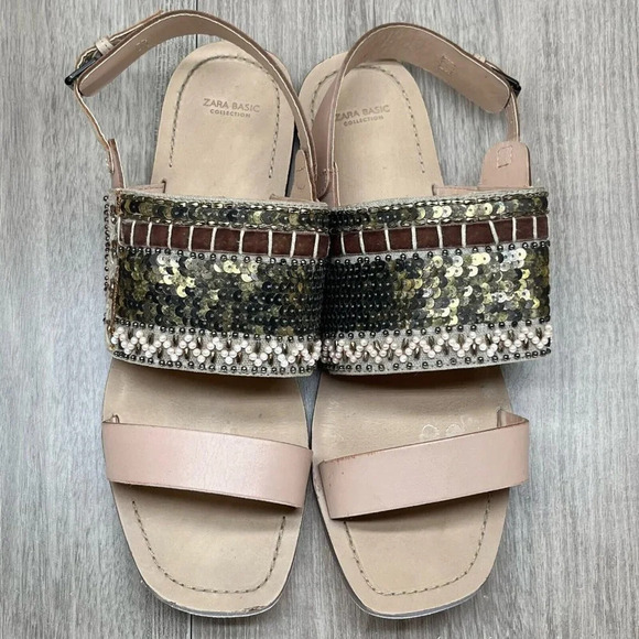 ZARA Basic Sandals Size 40 US 9.5 Boho Sequin Embellished Slingback Flats Pink - Picture 7 of 11